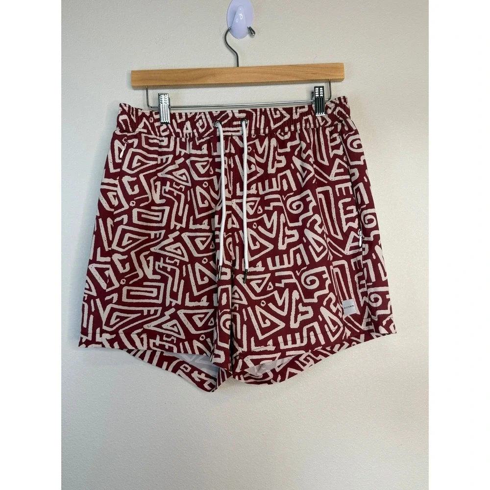 Allfenix Men's Burgundy Geometric Tribal Print Swim Trunks‎ Board Shorts Large